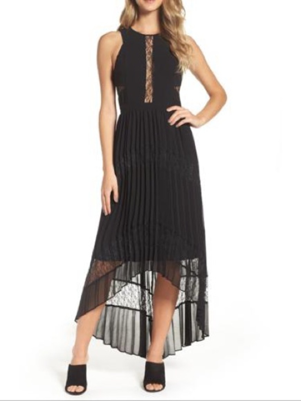 Adelyn Rae Irina Black Sleeveless Lace Pleated High-Low Dress Size XS